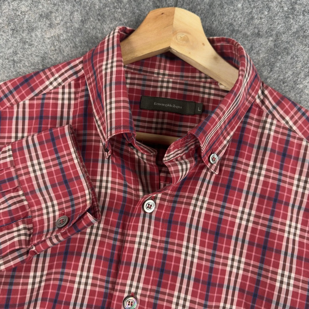 Ermenegildo Zegna Shirt Mens Large Red Plaid Cotton Long Sleeve Button Front